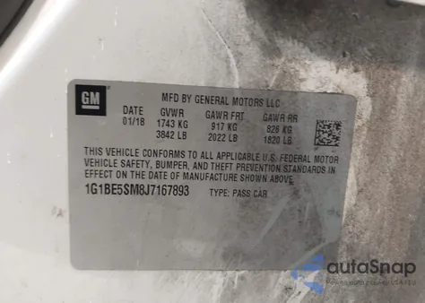 2018 Chevrolet Cruze Lt Auto from USA, damaged, VIN 1G1BE5SM8J7167893